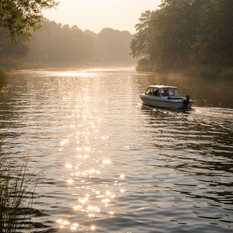 A small boat on a calm river surrounded by trees, with sunlight reflecting on the water.